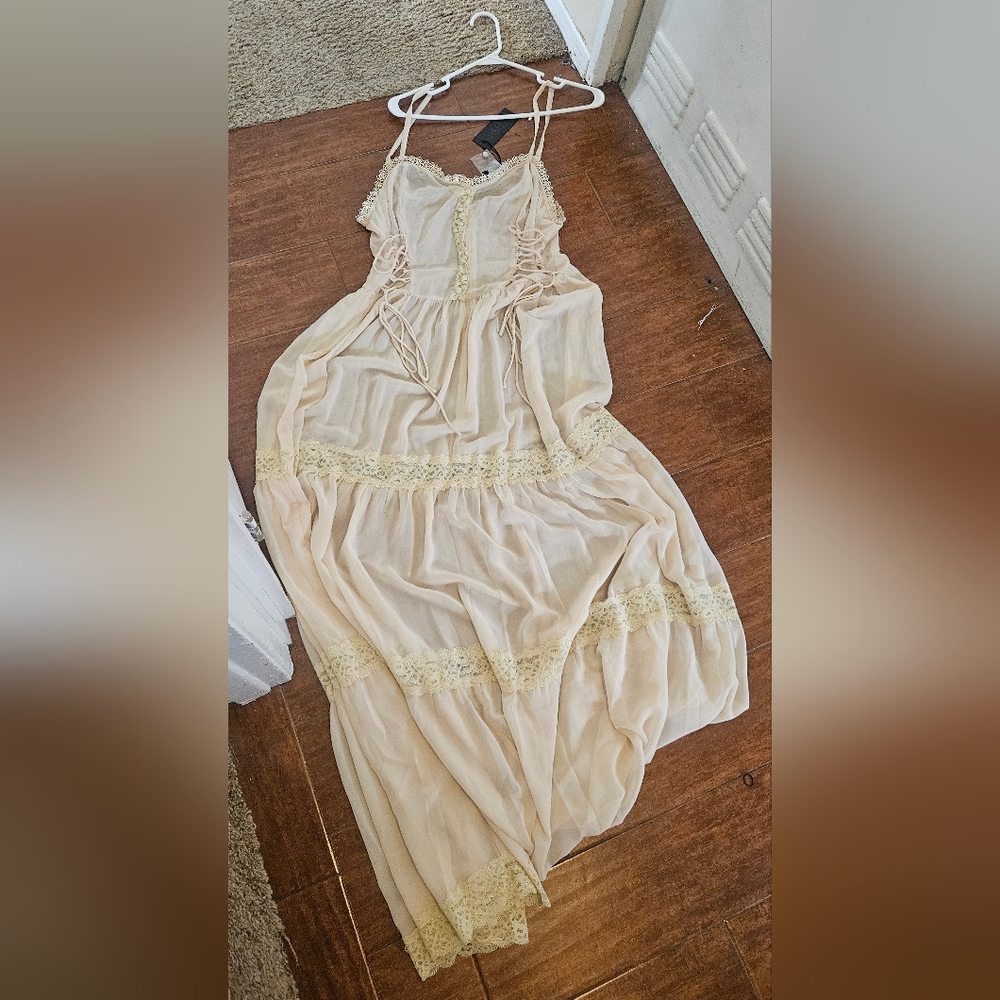 Dolls Kill - Widow- Sheer Lace-Trim Maxi Slip Dress in Light Beige